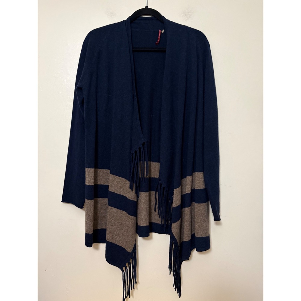 Cashmere Cashmere Navy Blue Taupe Striped Fringe Open Front Cardigan Sweater L